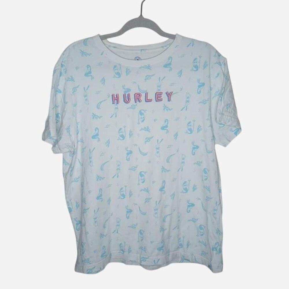 Hurley White Cotton T-Shirt with Blue Mermaids Women's Size L